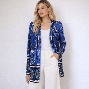 Chico’s Blue White Black Ikat Print Open Front Lightweight Cardigan Size S